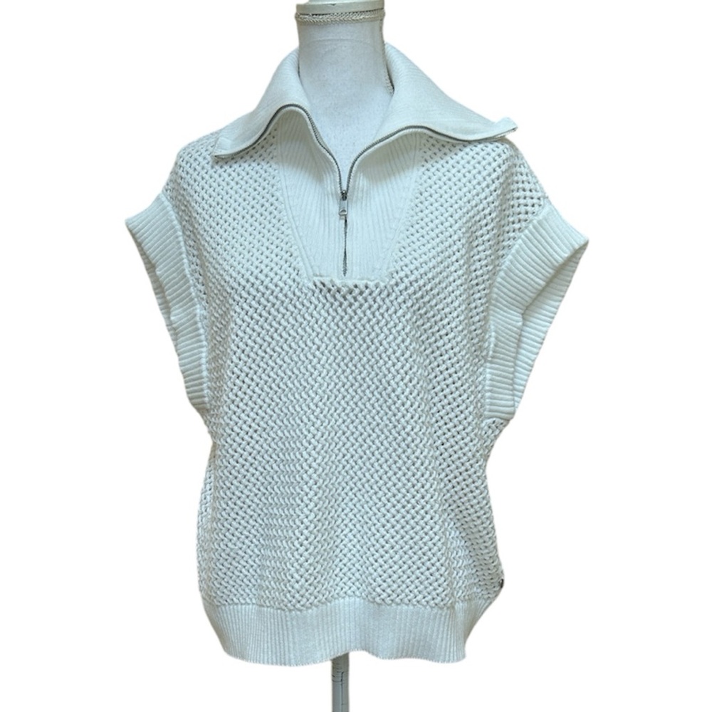 Scotch & Soda Women White Crochet Knit 1/4 Zip Cap Sleeve Sweater Sugar Sizzle L - Picture 2 of 16